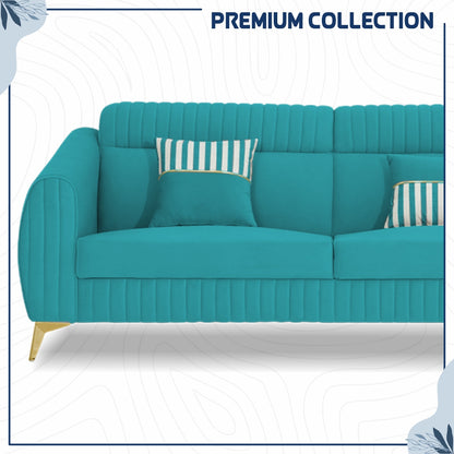Adorn India Premium Valentino 3-2 Sofa Set | Velvet Suede Fabric | 3-Year Warranty | Color Aqua Blue with Golden Legs & Striped Pattern Cushion