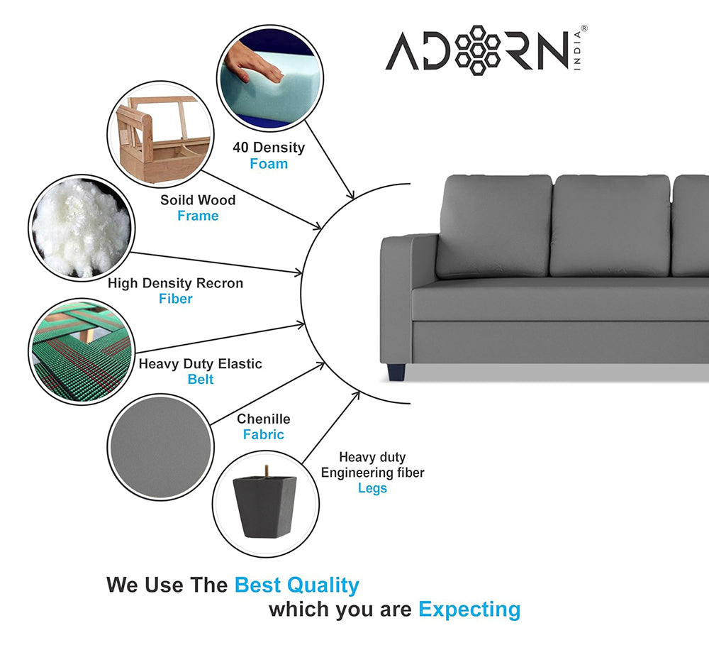 Adorn India Chandler Plain L Shape 6 Seater Sofa Set RHS (Grey) (3 Year Warranty)