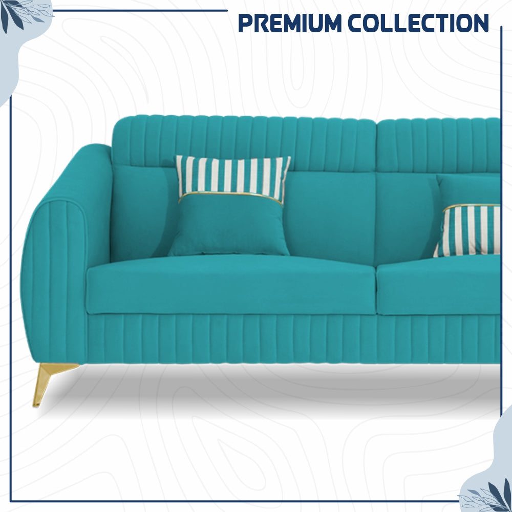 Adorn India Premium Valentino 3-1-1 Sofa Set | Velvet Suede Fabric | 3-Year Warranty | Color Aqua Blue with Golden Legs & Striped Pattern Cushion