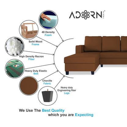 Adorn India Chandler Plain L Shape 6 Seater Sofa Set Lhs (Brown) (3 Year Warranty)