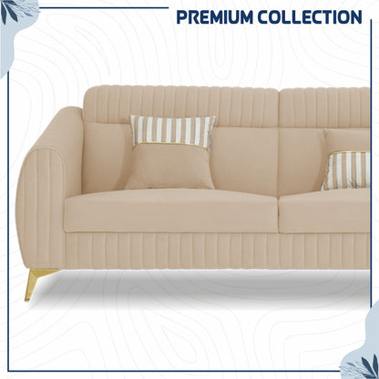Adorn India Premium Valentino 3-2-1 Sofa Set | Velvet Suede Fabric | 3-Year Warranty | Color Beige with Golden Legs & Striped Pattern Cushion