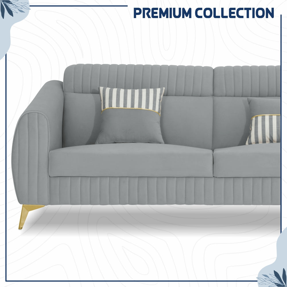 Adorn India Premium Valentino 3-2 Sofa Set | Velvet Suede Fabric | 3-Year Warranty | Color Grey with Golden Legs & Striped Pattern Cushion