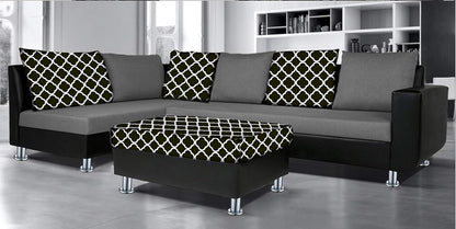 Adorn India (3 Years Warranty Atlanta 6 Seater Leatherette & Fabric Corner Sofa Left Hand Side with Ottoman (Grey & Black)