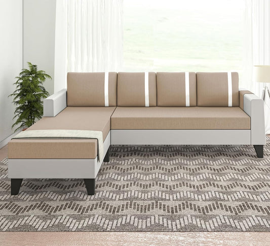 Adorn India Ashley Stripes Leatherette Fabric L Shape 5 Seater Sofa Set LHS (Beige & White) (3 Year Warranty)