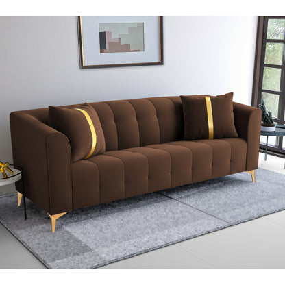 Adorn India Premium Mystic - 3 Years Warranty - 3 Seater Sofa Velvet Suede Fabric - Brown
