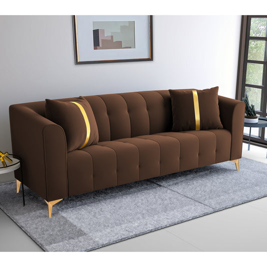 Adorn India Premium Mystic - 3 Years Warranty - 3 Seater Sofa Velvet Suede Fabric - Brown