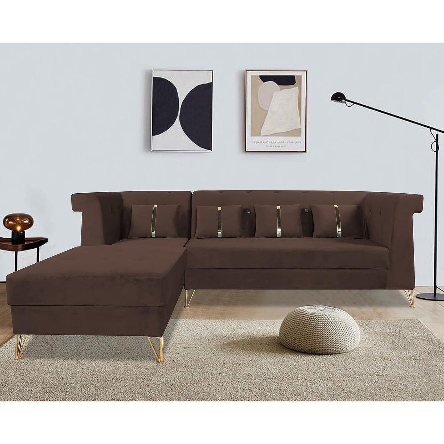 Adorn India Premium Raygan L Shape 6 Seater Sofa Set Left Side (Velvet Fabric Colour Brown)