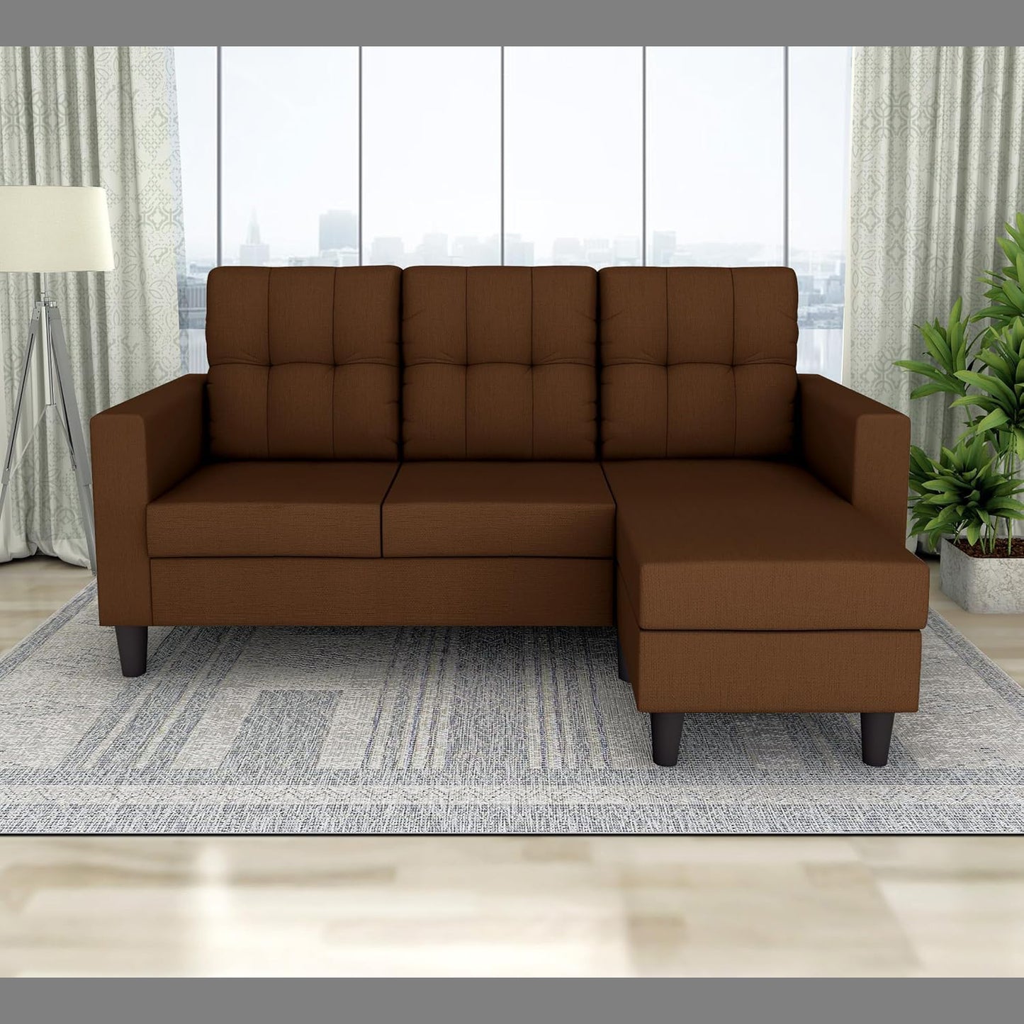 Adorn India Darcy L Shape 4 Seater Sofa Set (Brown) (3 Year Warranty)