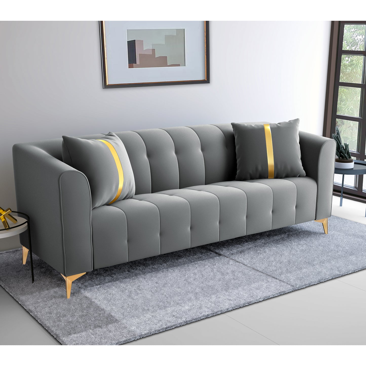 Adorn India Premium Mystic - 3 Years Warranty - 3 Seater Sofa Velvet Suede Fabric - Grey