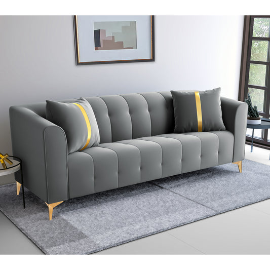 Adorn India Premium Mystic - 3 Years Warranty - 3 Seater Sofa Velvet Suede Fabric - Grey