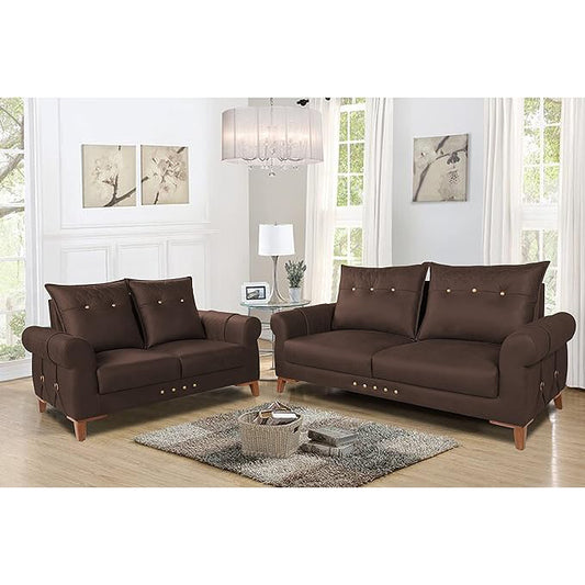 Adorn India Premium Jarvis 3+2 Five Seater Sofa Set (Leatherette Suede Fabric Colour Brown)