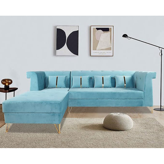 Adorn India Premium Raygan L Shape 6 Seater Sofa Set Left Side (Velvet Suede Fabric Colour Aqua Blue)