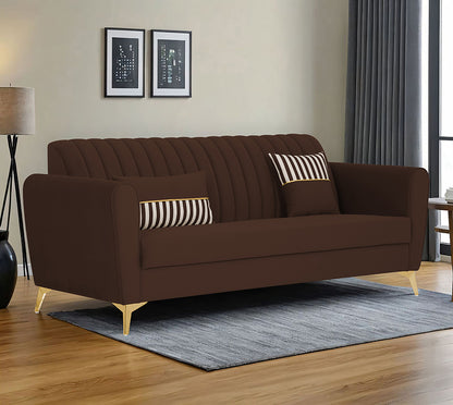 Adorn India Premium Luster 3 Seater | Velvet Suede Fabric | 3-Year Warranty | Color Brown with Golden Legs & Striped Pattern Cushion