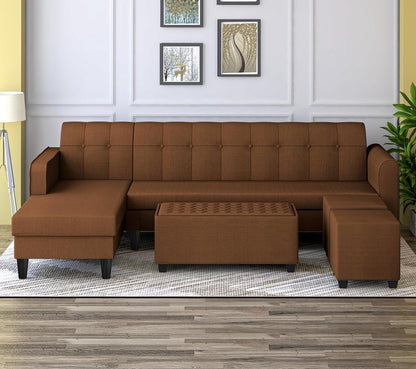 Adorn India Rio Elegant L Shape 8 Seater Sofa Set with Center Table and 2 Ottoman Puffy (LHS) (Brown) (3 Year Warranty)