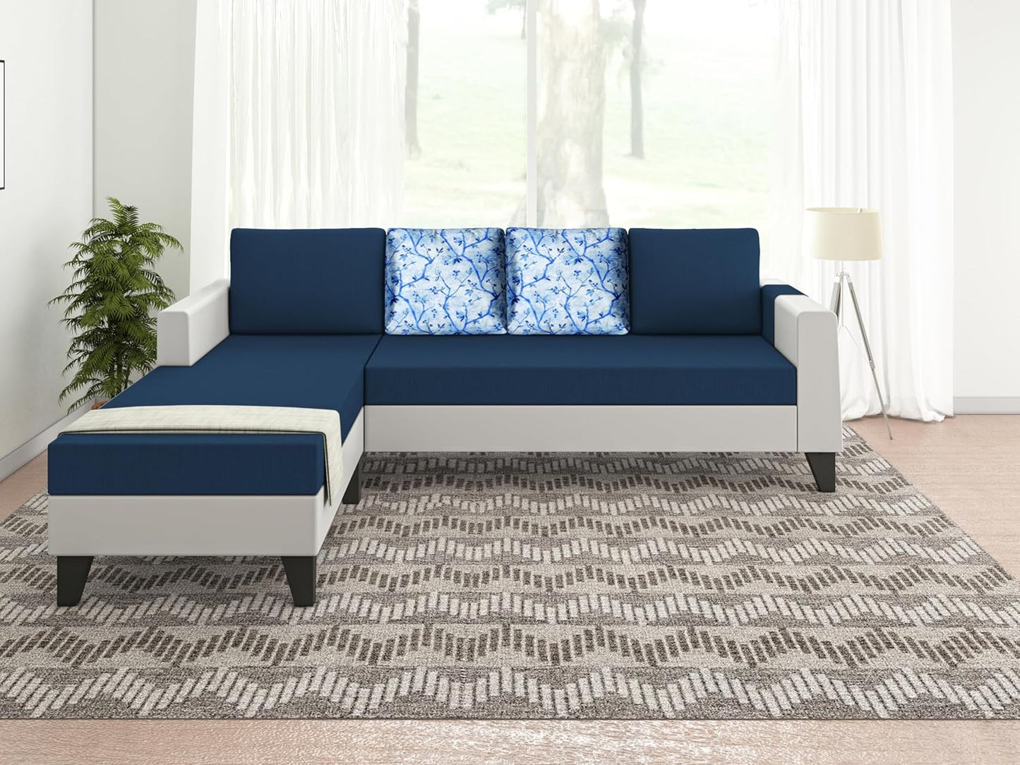 Adorn India Ashley Digital Print Leatherette Fabric L Shape 5 Seater Sofa Set LHS (Blue & White) (3 Year Warranty)