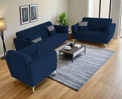 Adorn India Premium Luster 3-2-1 Sofa Set | Velvet Suede Fabric | 3-Year Warranty | Color Blue with Golden Legs & Striped Pattern Cushion