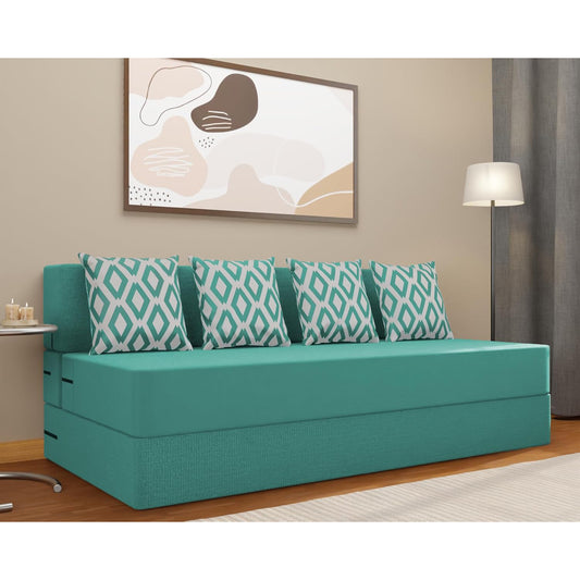 Adorn India Easy 4 Seater Sofa Cum Bed (Rhombus Pattern) Chennile Fabric - Washable Cover - Including 4 Cushion - Size 6' x 6' Ft (Aqua Blue Color) Perfect for Home & Office for Guests
