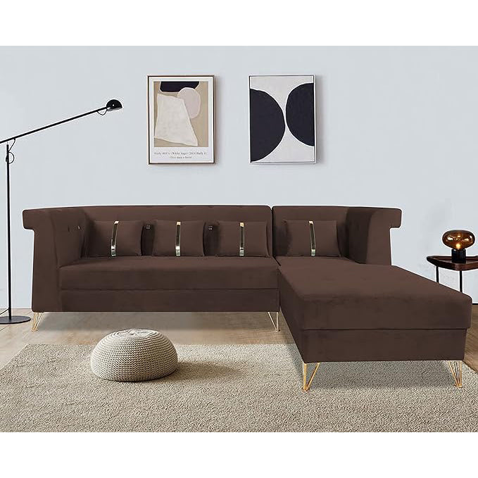 Adorn India Premium Raygan L Shape 6 Seater Sofa Set Right Side (Velvet Fabric Colour Brown)