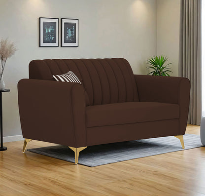 Adorn India Premium Luster 2 Seater | Velvet Suede Fabric | 3-Year Warranty | Color Brown with Golden Legs & Striped Pattern Cushion