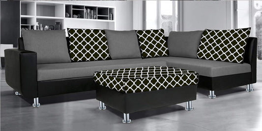 Adorn India (3 Years Warranty Atlanta 6 Seater Leatherette & Fabric Corner Sofa Right Hand Side with Ottoman (Grey & Black)