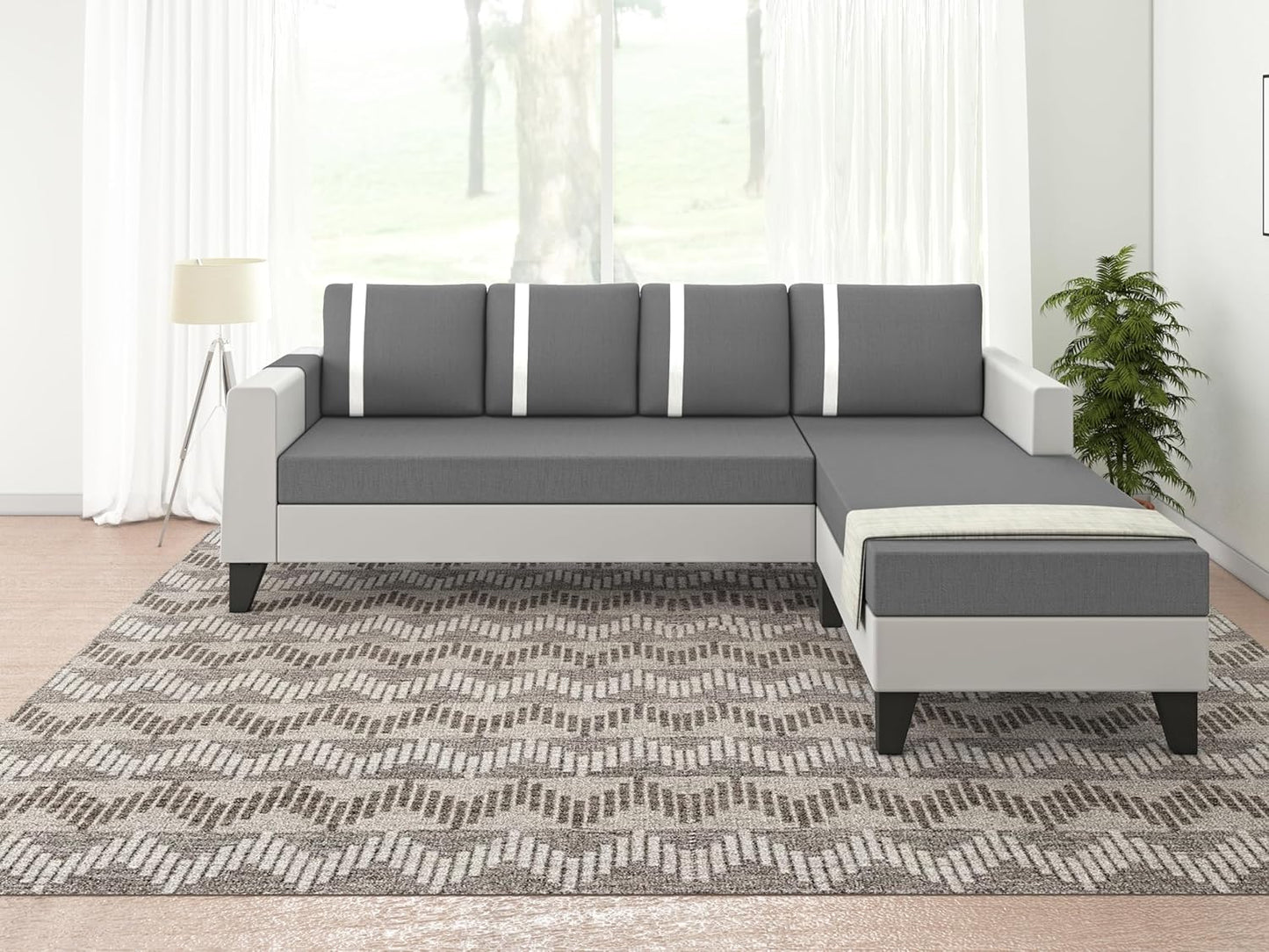 Adorn India Ashley Stripes Leatherette Fabric L Shape 5 Seater Sofa Set RHS (Grey & White) (3 Year Warranty)