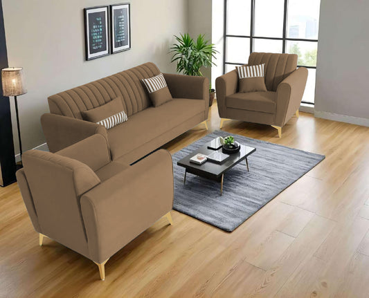 Adorn India Premium Luster 3-2-1 Sofa Set | Velvet Suede Fabric | 3-Year Warranty | Color Camel with Golden Legs & Striped Pattern Cushion
