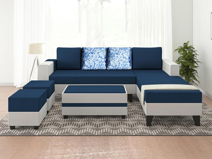 Adorn India Ashley Digitel Print Leatherette Fabric L Shape 8 Seater Sofa Set with 2 Ottoman Puffy & Center Table RHS (Blue & White) (3 Year Warranty)