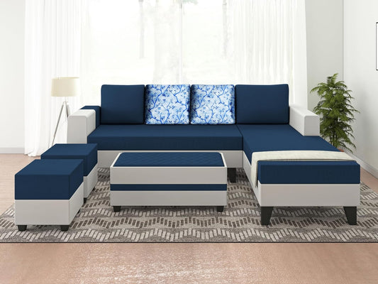 Adorn India Ashley Digitel Print Leatherette Fabric L Shape 8 Seater Sofa Set with 2 Ottoman Puffy & Center Table RHS (Blue & White) (3 Year Warranty)