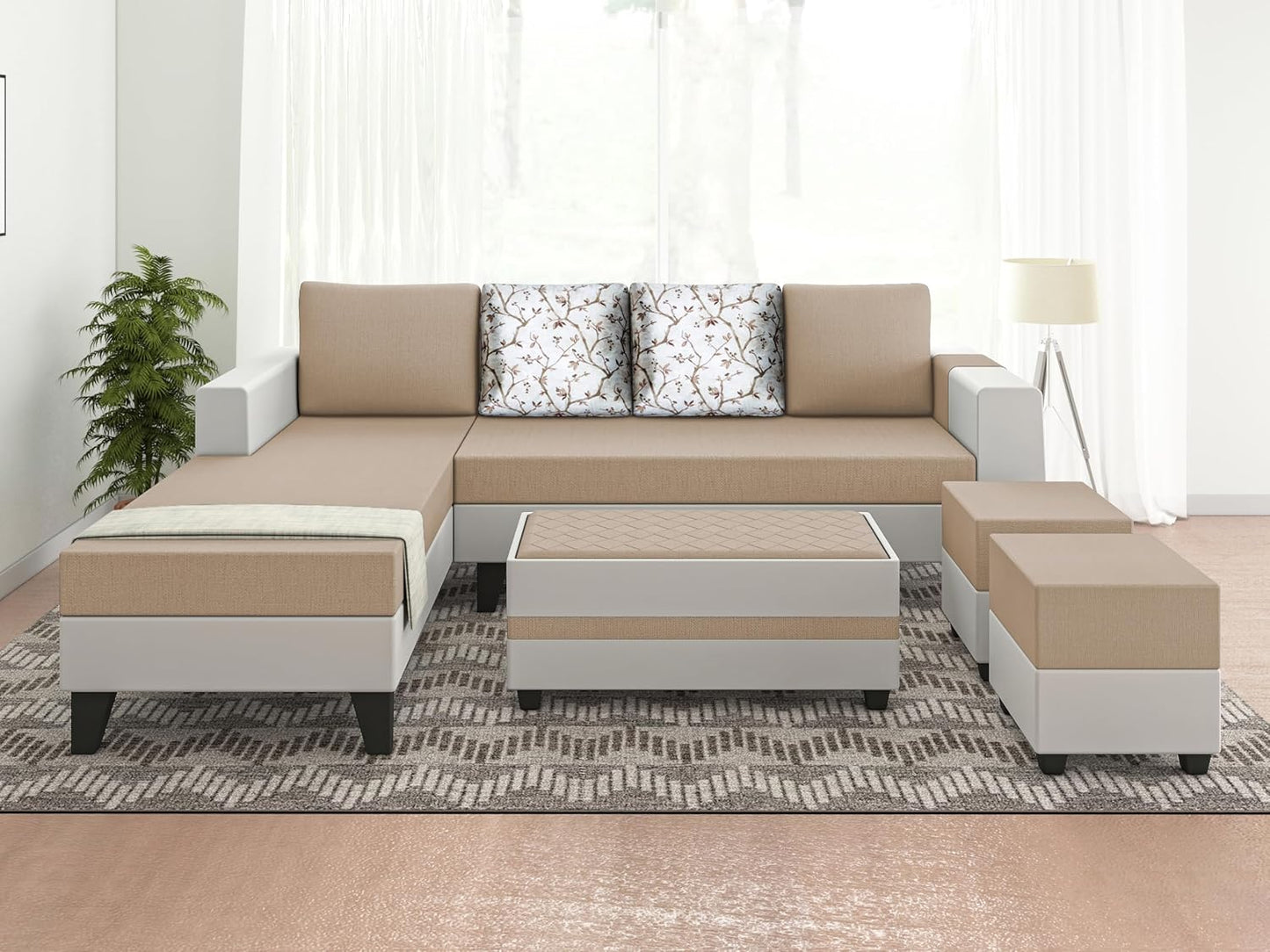 Adorn India Ashley Digitel Print Leatherette Fabric L Shape 8 Seater Sofa Set with 2 Ottoman Puffy & Center Table LHS (Beige & White) (3 Year Warranty)
