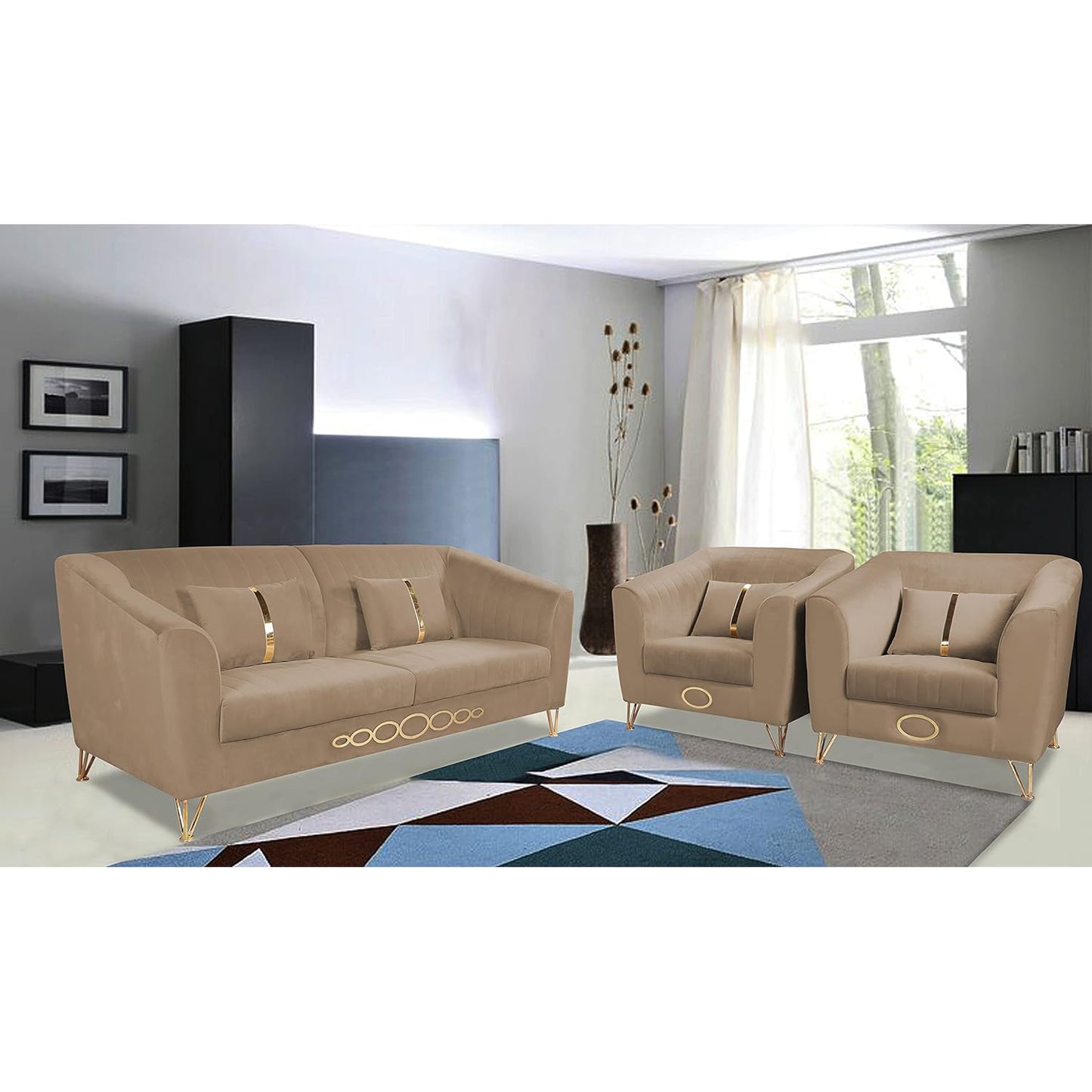 Adorn India Premium Camilla 3-1-1 5 Seater Sofa Set (Velvet Fabric Colour Camel)