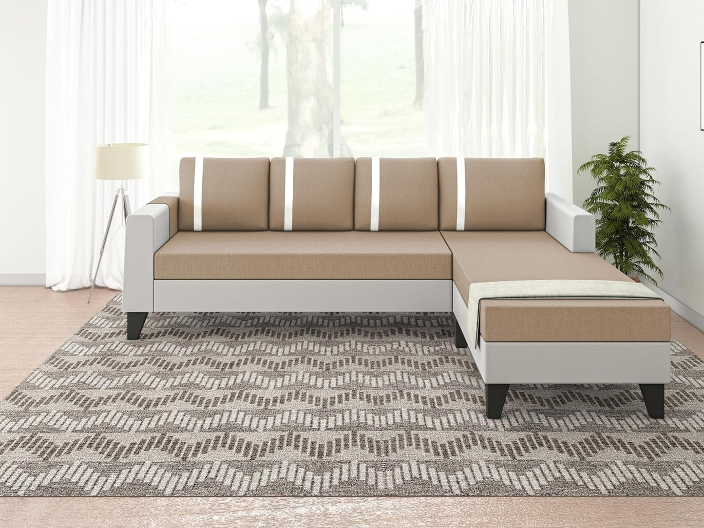 Adorn India Ashley Stripes Leatherette Fabric L Shape 5 Seater Sofa Set RHS (Beige & White) (3 Year Warranty)