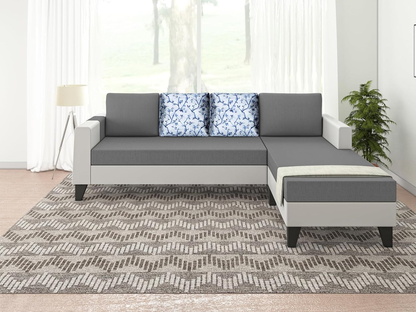 Adorn India Ashley Digital Print Leatherette Fabric L Shape 5 Seater Sofa Set RHS (Grey & White) (3 Year Warranty)