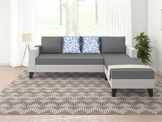 Adorn India Ashley Digital Print Leatherette Fabric L Shape 5 Seater Sofa Set RHS (Grey & White) (3 Year Warranty)