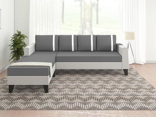 Adorn India Ashley Stripes Leatherette Fabric L Shape 5 Seater Sofa Set LHS (Grey & White) (3 Year Warranty)