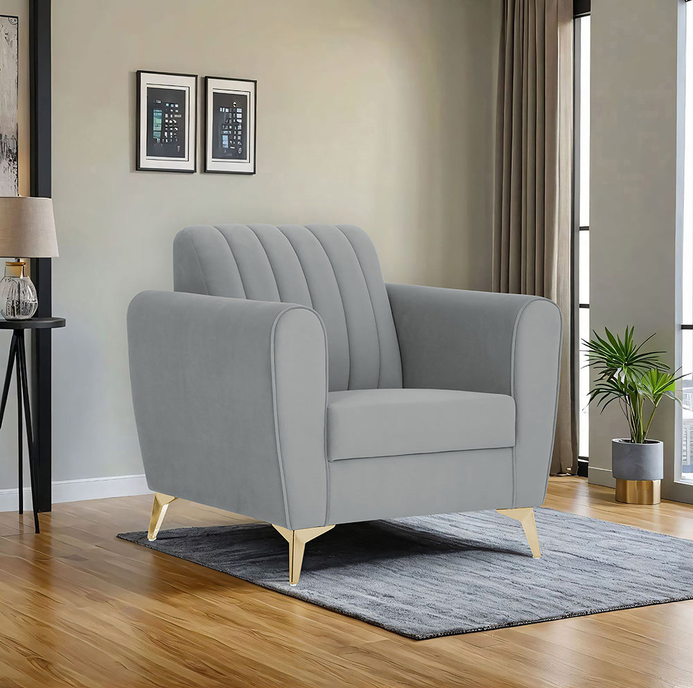 Adorn India Premium Luster 1 Seater | Velvet Suede Fabric | 3-Year Warranty | Color Grey with Golden Legs & Striped Pattern Cushion