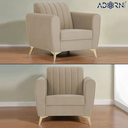 Adorn India Premium Luster 1 Seater | Velvet Suede Fabric | 3-Year Warranty | Color Beige with Golden Legs & Striped Pattern Cushion