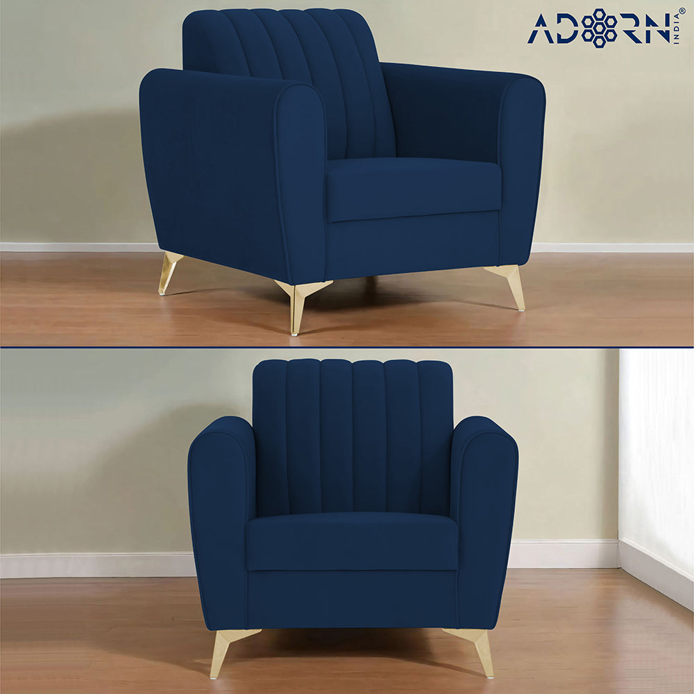 Adorn India Premium Luster 3-2-1 Sofa Set | Velvet Suede Fabric | 3-Year Warranty | Color Blue with Golden Legs & Striped Pattern Cushion