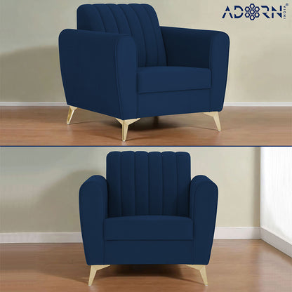 Adorn India Premium Luster 3-2-1 Sofa Set | Velvet Suede Fabric | 3-Year Warranty | Color Blue with Golden Legs & Striped Pattern Cushion