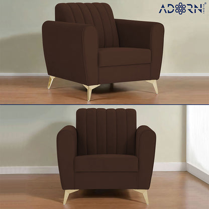 Adorn India Premium Luster 3-2-1 Sofa Set | Velvet Suede Fabric | 3-Year Warranty | Color Brown with Golden Legs & Striped Pattern Cushion