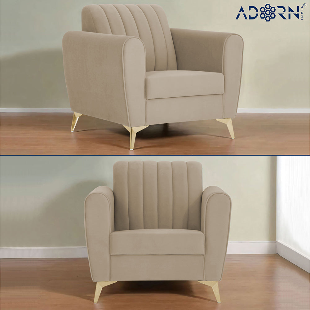 Adorn India Premium Luster 3-2-1 Sofa Set | Velvet Suede Fabric | 3-Year Warranty | Color Beige with Golden Legs & Striped Pattern Cushion