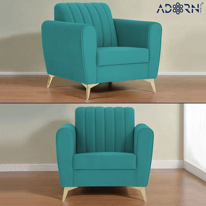 Adorn India Premium Luster 1 Seater | Velvet Suede Fabric | 3-Year Warranty | Color Aqua Blue with Golden Legs & Striped Pattern Cushion