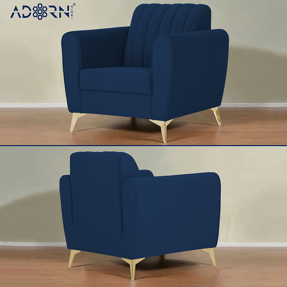 Adorn India Premium Luster 1 Seater | Velvet Suede Fabric | 3-Year Warranty | Color Blue with Golden Legs & Striped Pattern Cushion