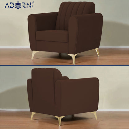 Adorn India Premium Luster 1 Seater | Velvet Suede Fabric | 3-Year Warranty | Color Brown with Golden Legs & Striped Pattern Cushion