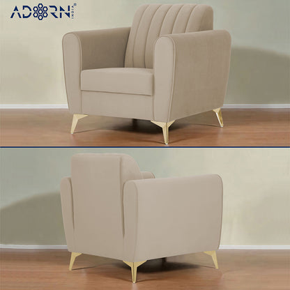 Adorn India Premium Luster 3-1-1 Sofa Set | Velvet Suede Fabric | 3-Year Warranty | Color Beige with Golden Legs & Striped Pattern Cushion
