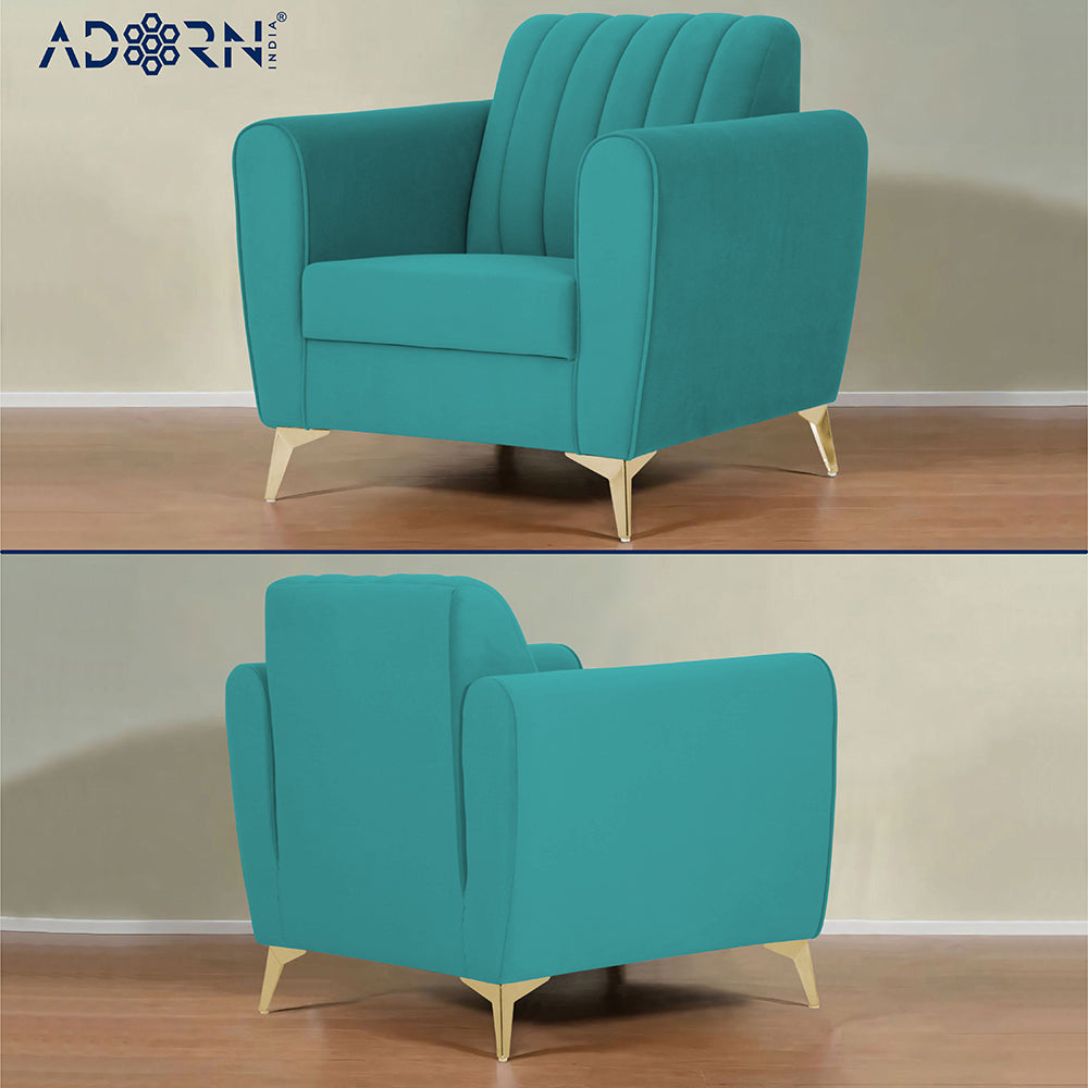 Adorn India Premium Luster 3-1-1 Sofa Set | Velvet Suede Fabric | 3-Year Warranty | Color Aqua Blue with Golden Legs & Striped Pattern Cushion