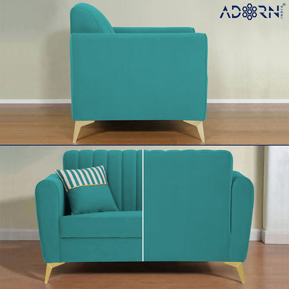 Adorn India Premium Luster 1 Seater | Velvet Suede Fabric | 3-Year Warranty | Color Aqua Blue with Golden Legs & Striped Pattern Cushion