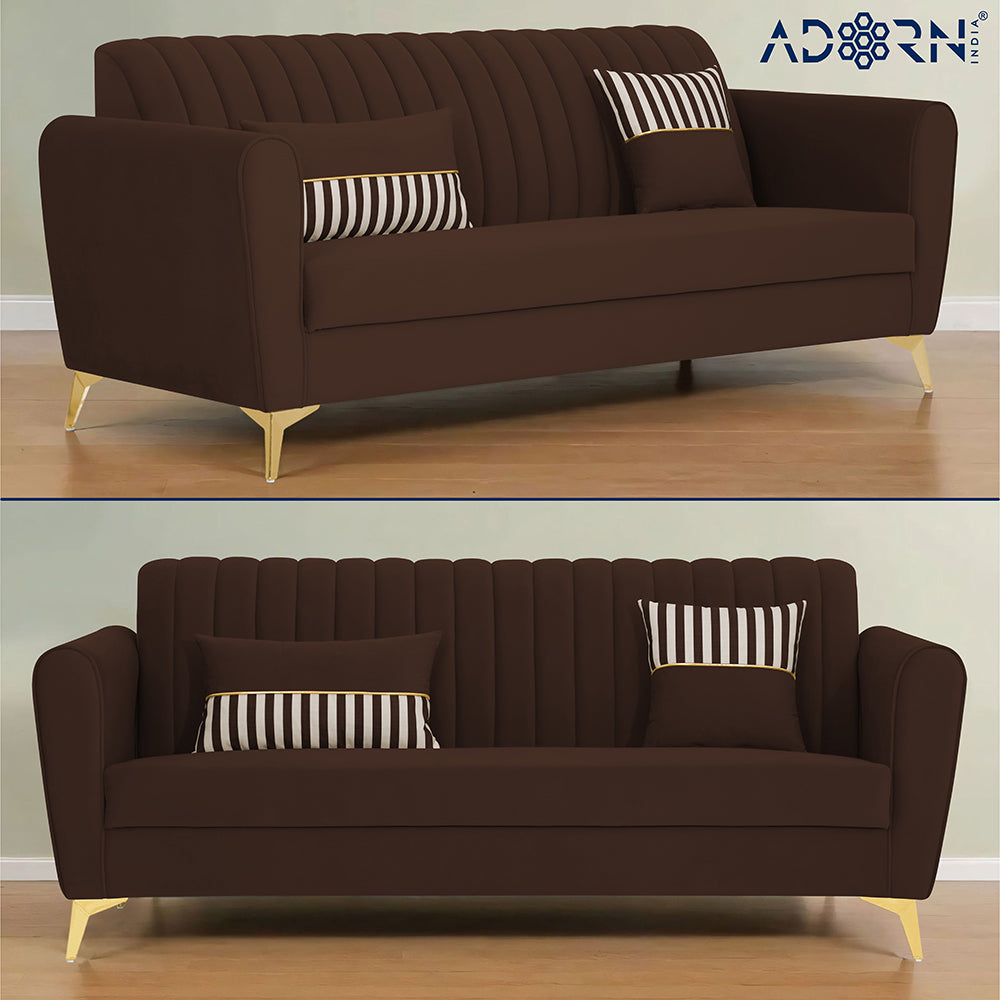 Adorn India Premium Luster 3-1-1 Sofa Set | Velvet Suede Fabric | 3-Year Warranty | Color Brown with Golden Legs & Striped Pattern Cushion