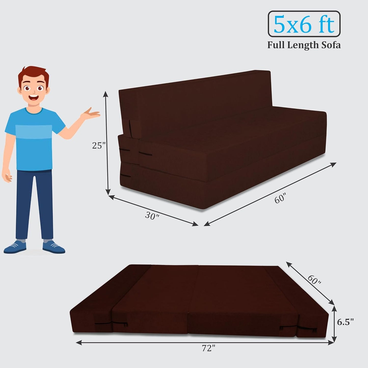 Adorn India Easy 3 Seater Sofa Cum Bed | Velvet Fabric | Brown | Plain Design | 6x5 Ft | Comfortable Seating | Washable Cover | Perfect for Home & Office