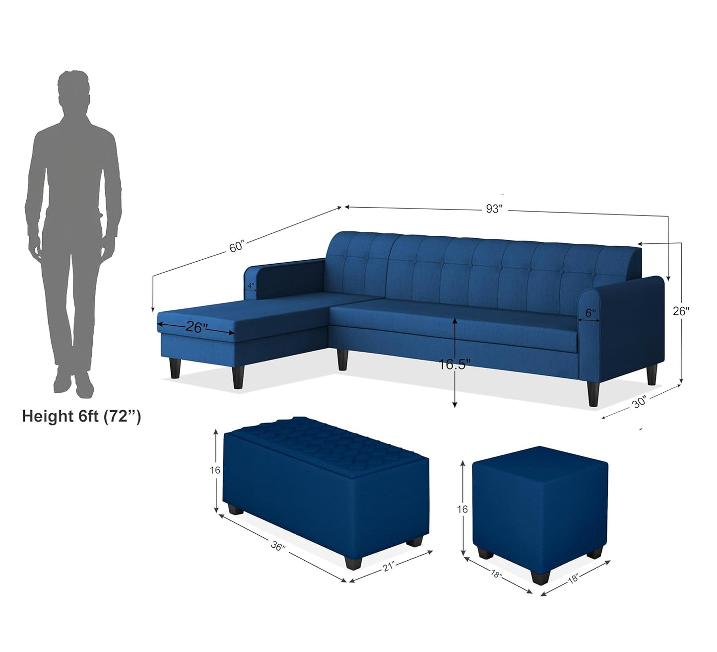 Adorn India Rio Elegant L Shape 8 Seater Sofa Set with Center Table and 2 Ottoman Puffy (LHS) (Blue) (3 Year Warranty)