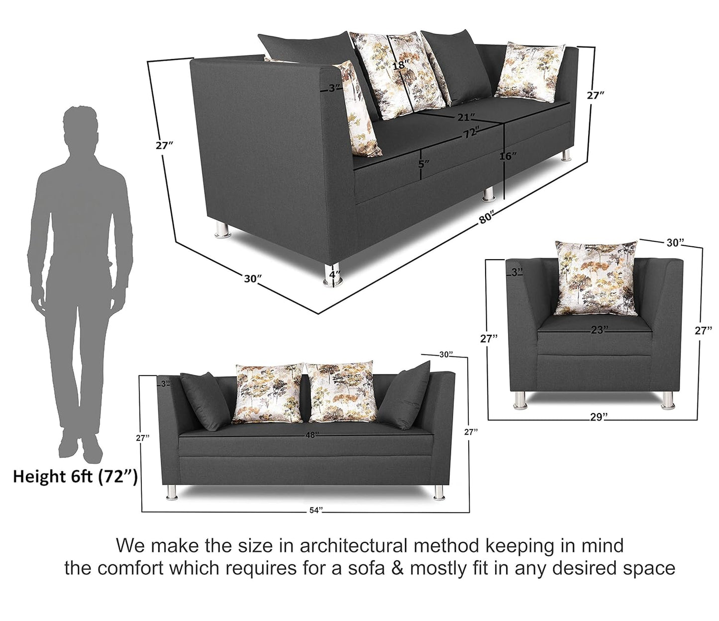 Adorn India Alica 3+2+1 Six Seater Sofa Set (Dark Grey)